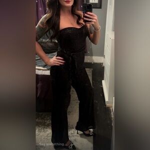Lulu's Black Sequin Wideleg Strapless Jumpsuit